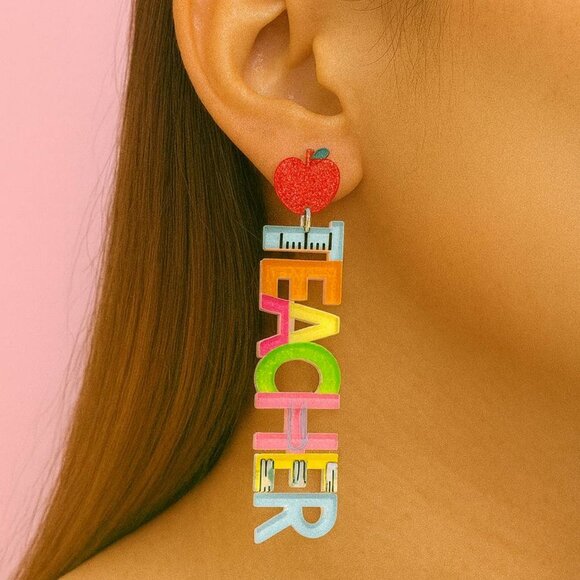 Teacher Earrings — Colorful Apple Dangle Statement Jewelry for Teachers - Picture 2 of 4